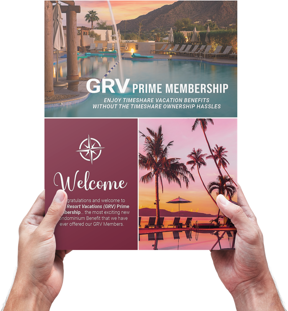 Promotional flyer for GRV Prime Membership featuring vacation scenes