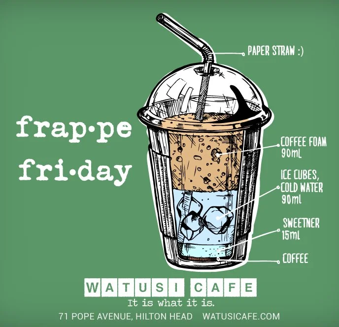 Illustrated frappe with ingredients labeled like coffee foam, ice cubes, cold water, and sweetener in a cup
