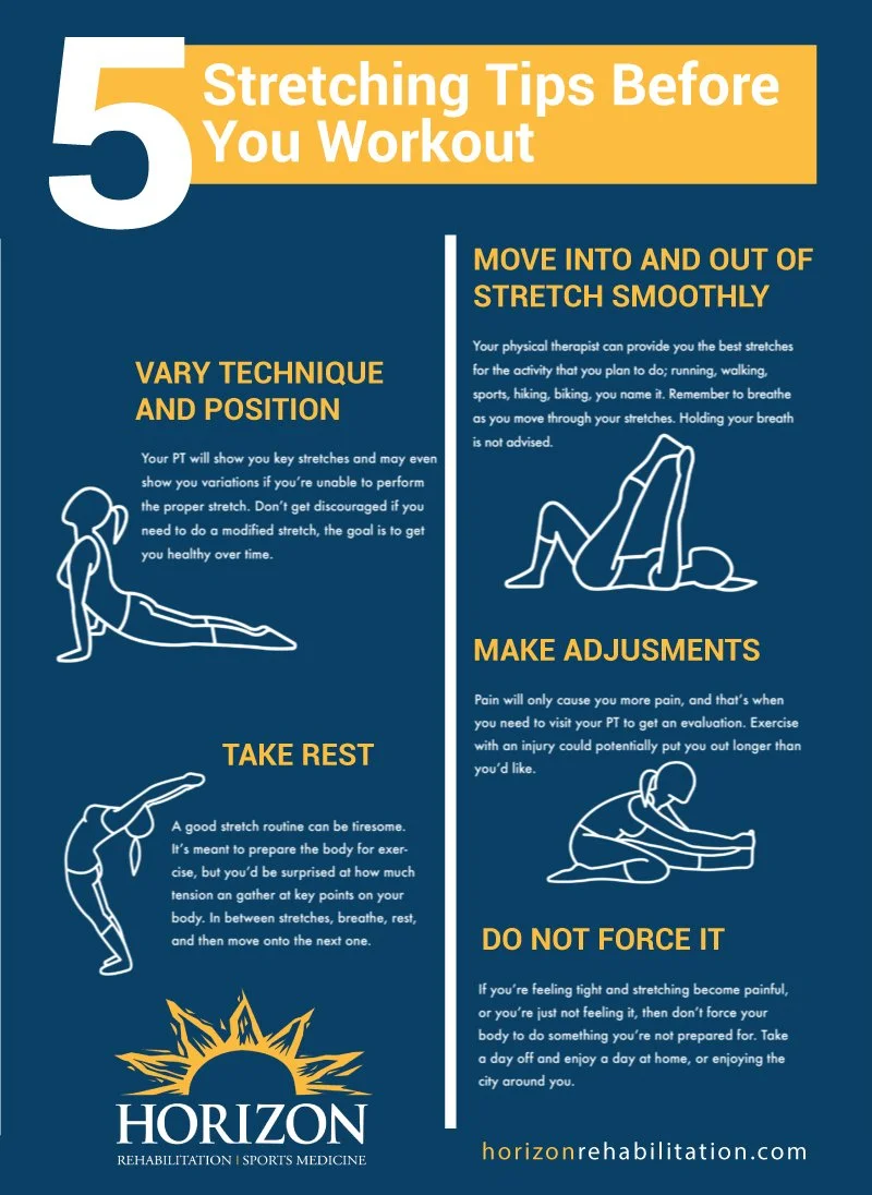 Infographic titled '5 Stretching Tips Before You Workout.'