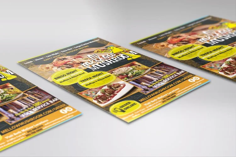 Promotional flyers for Mellow Mushroom featuring images of pizza, a salad, and a self-service bar with details about bingo and trivia nights.