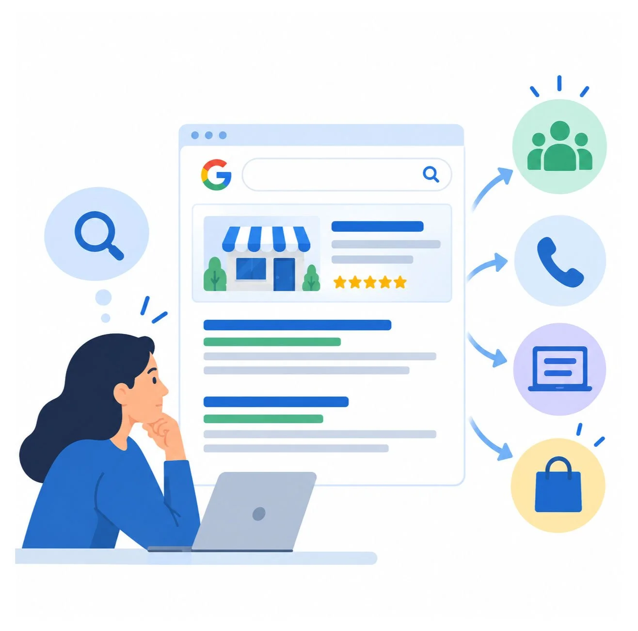 Graphic showing women looking at SEO results