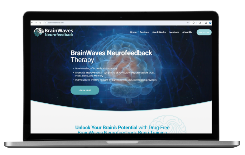 Screenshot of BrainWaves Neurofeedback Therapy website showcasing brain imagery and navigation menu