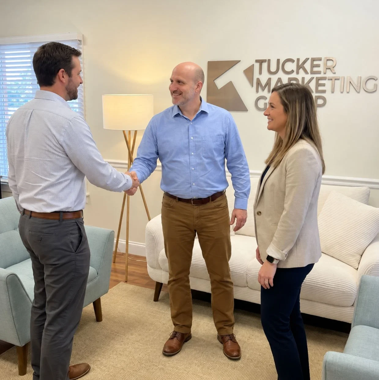 greeting a client in tucker marketing lobby