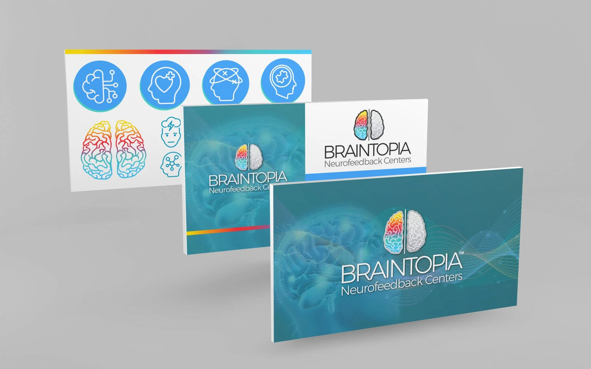 Graphic design for Braintopia Neurofeedback Centers with brain logos and neural illustrations.