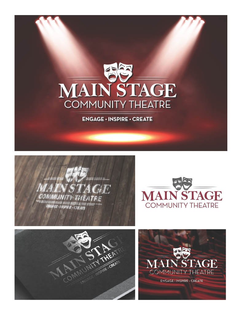Multiple logos for "Main Stage Community Theatre" featuring dramatic masks, with the tagline "Engage • Inspire • Create" on different textures and backgrounds.