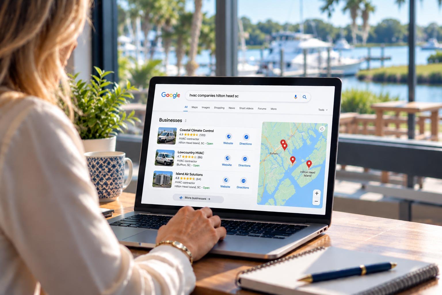 woman searching local HVAC companies