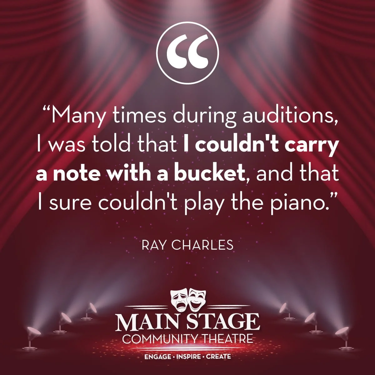 A quote on a stage-themed background with red curtains and spotlights.
