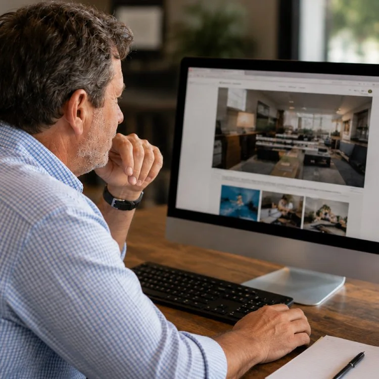 business owner searching web at office