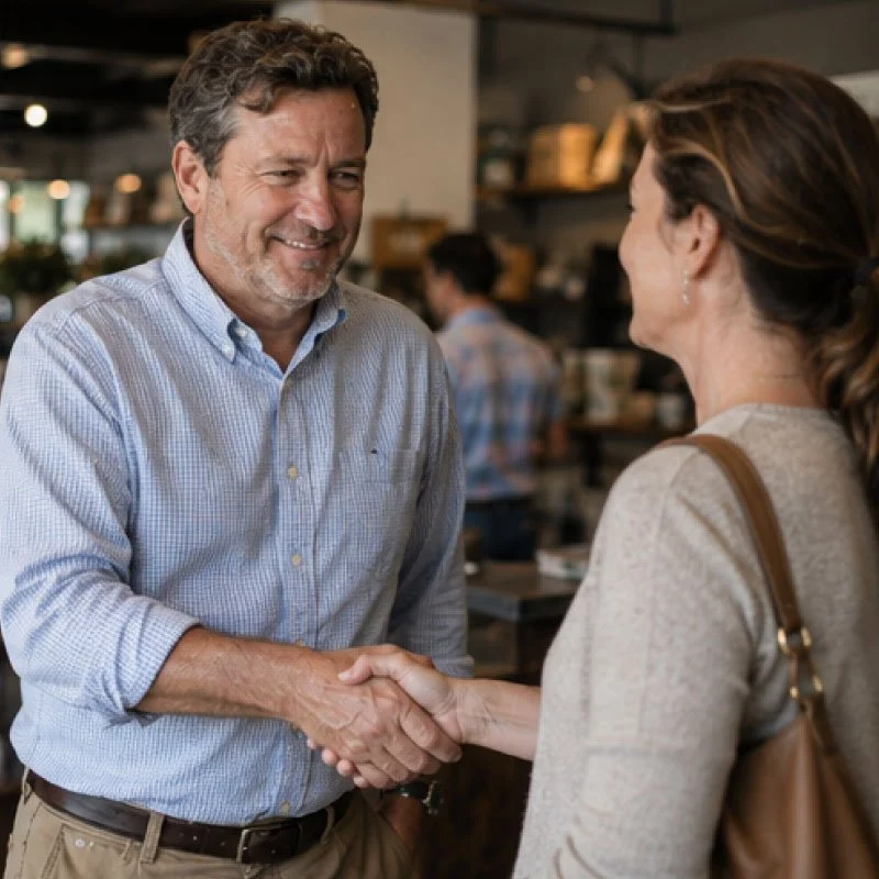 business owner shaking hands with happy customer
