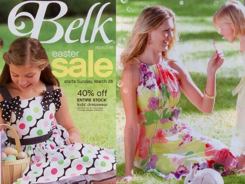 A Belk Easter sale advertisement featuring a girl in a polka dot dress holding an Easter basket
