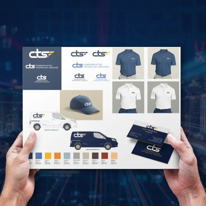 A person holding a branding mockup featuring 'cts Communication Technology Services.' The design includes logos, polo shirts, a cap, vehicles with the logo, business cards, and a color palette.
