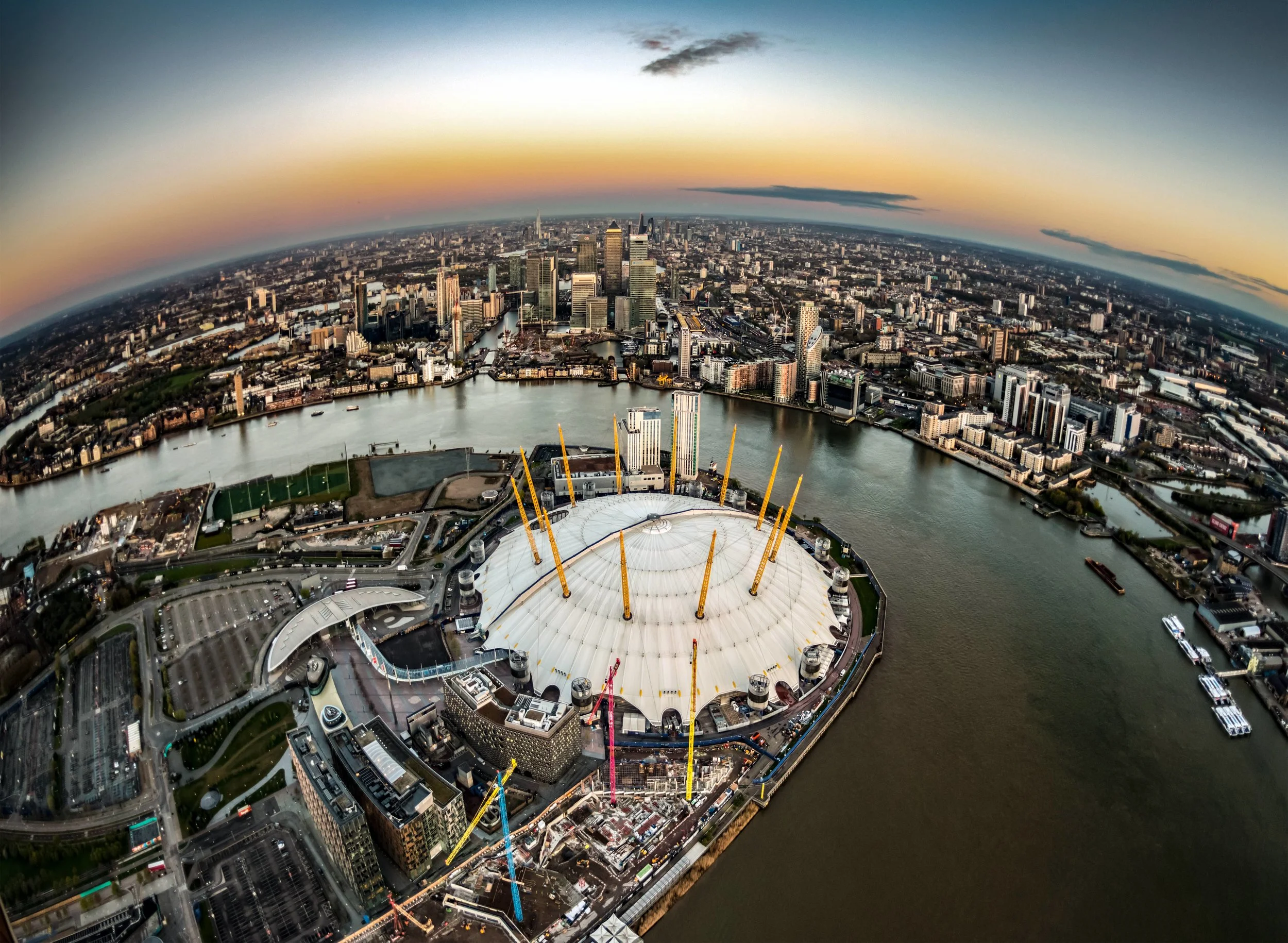 Millennium Dome, fisheye aerial cityscape, London