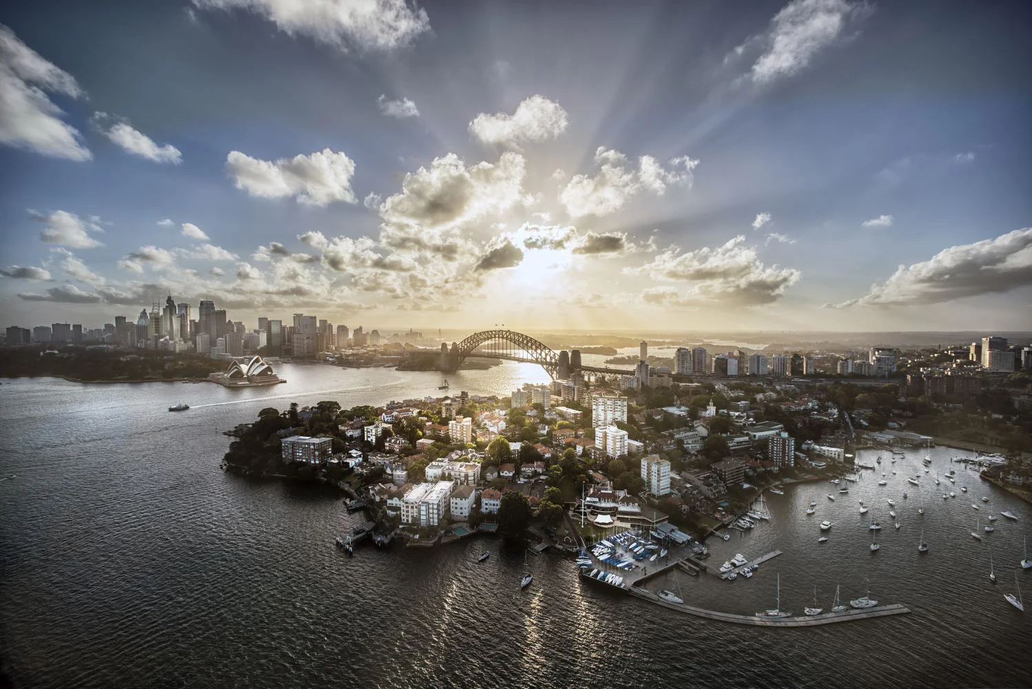 Sydney harbour at sunset from the air