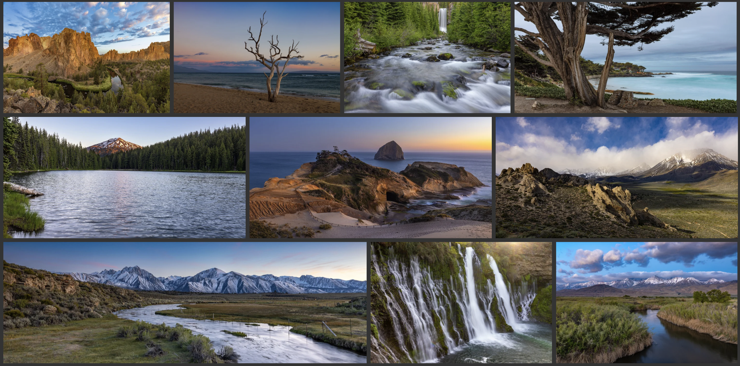 A collage of various landscapes including mountains, lakes, waterfalls, forests, beaches, and rocky coastal areas.