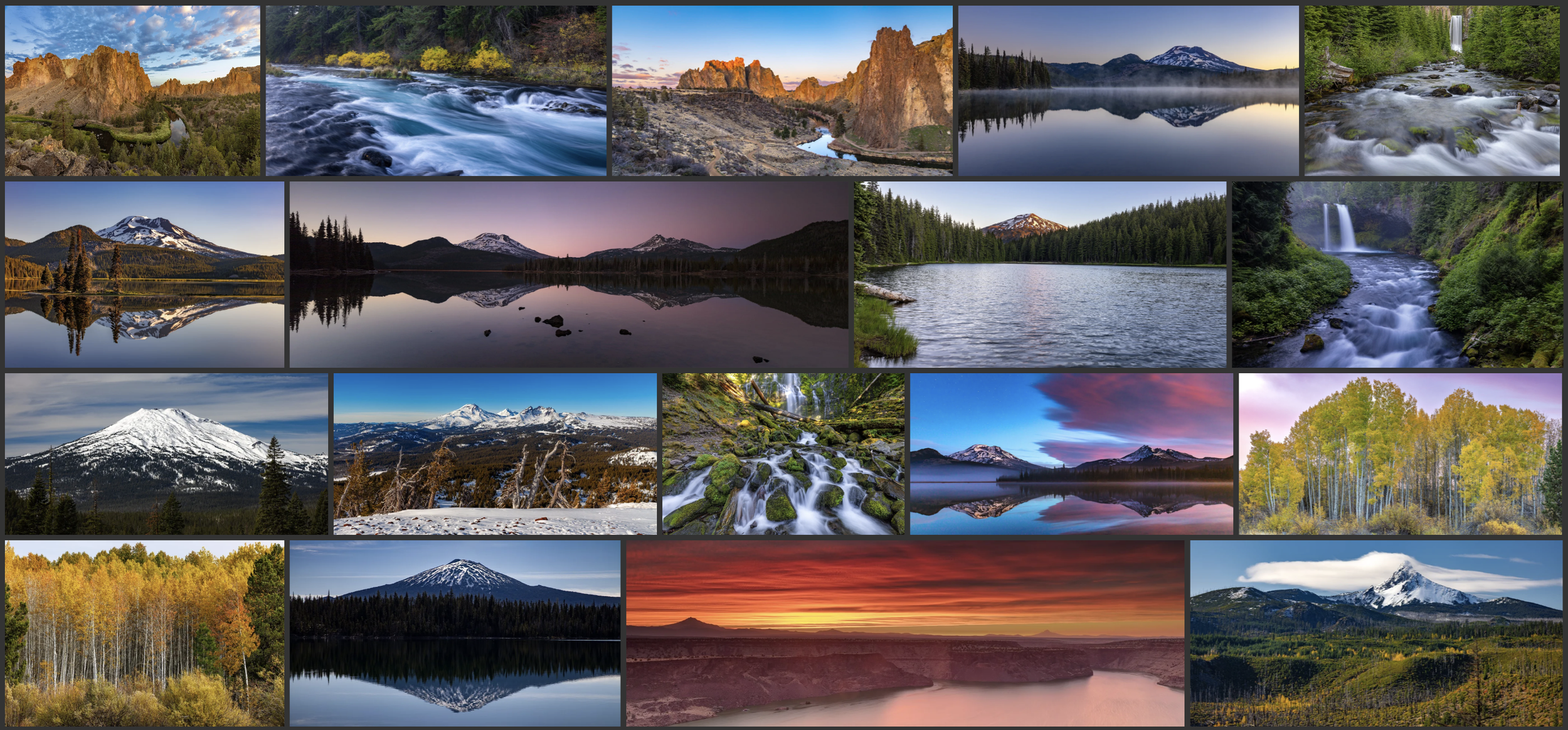 A collage of scenic nature landscapes including mountains, lakes, waterfalls, rivers, forests, and colorful sunsets and sunrises.