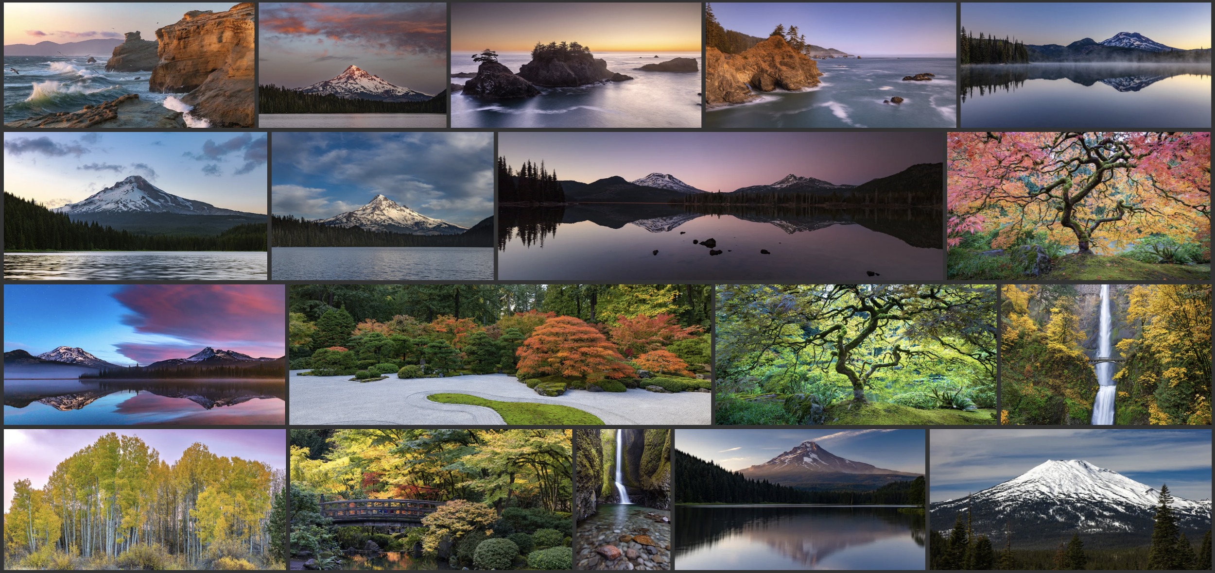 Collage of scenic landscape photos including mountains, lakes, waterfalls, and vibrant fall foliage.