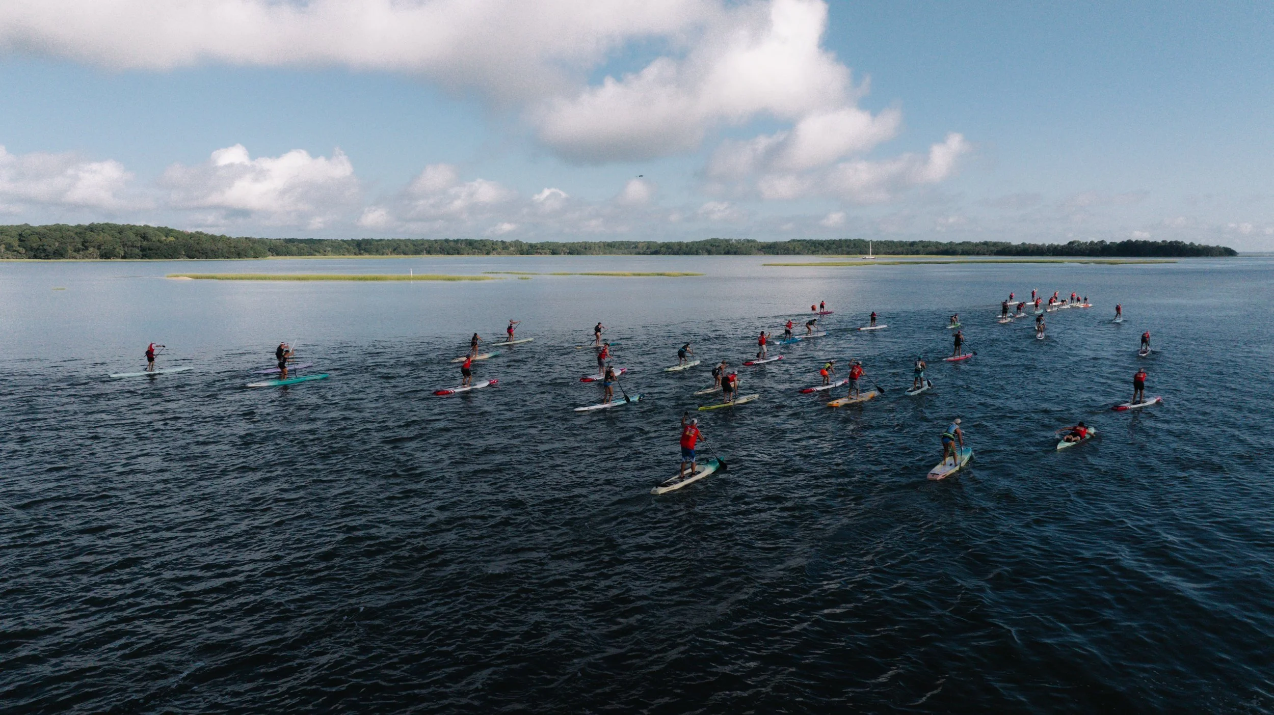 Group of people paddleboarding on a large body of water under a partly cloudy sky.