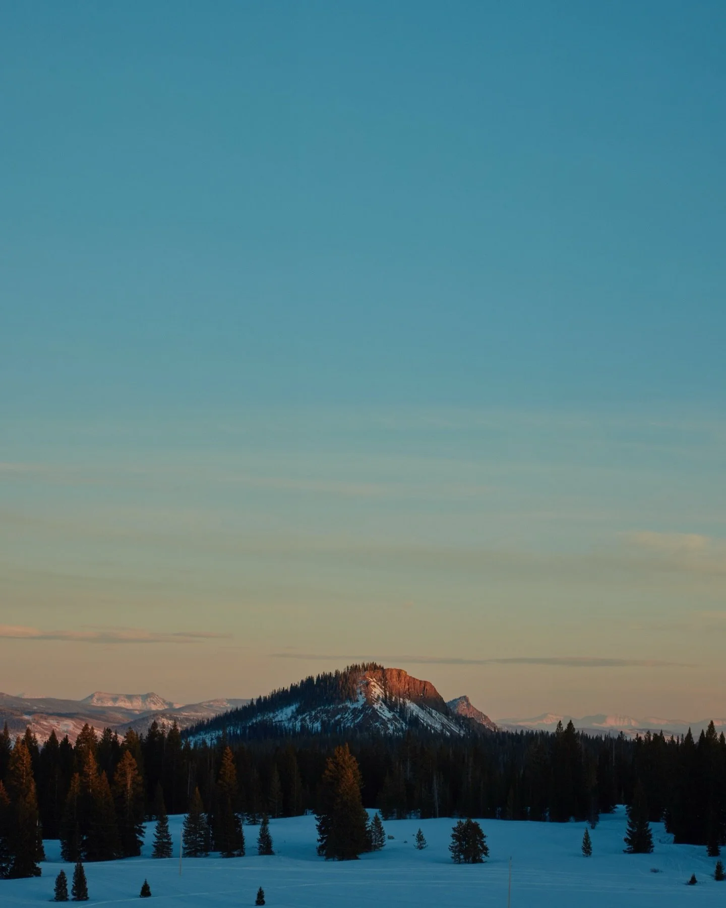 Snow-covered mountain with trees in foreground and a clear sky during sunset or sunrise.