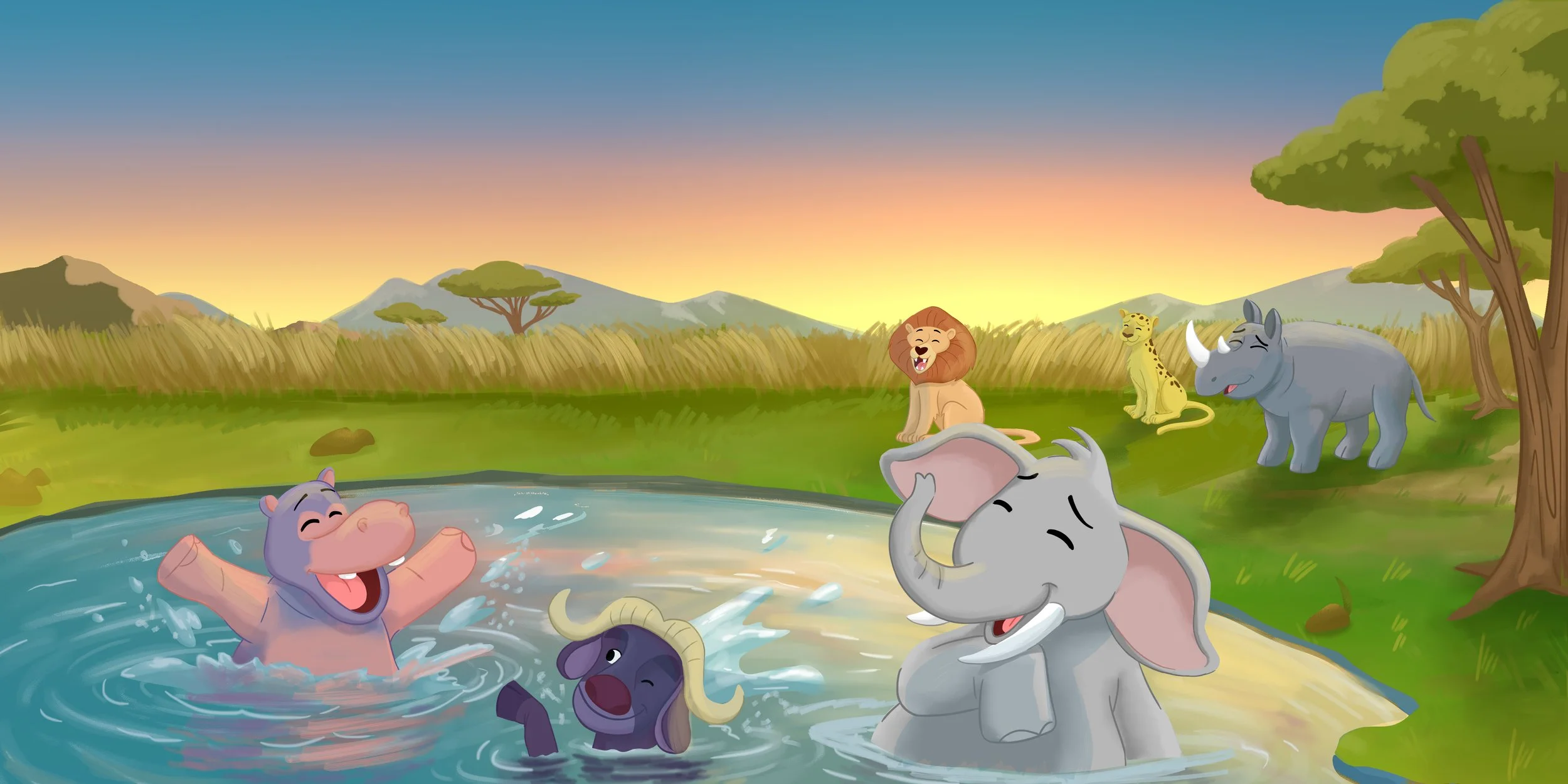 Hippo, Elephant, Rhino, Buffalo, Lion, and Leopard nervously stop in front of Warthog. 