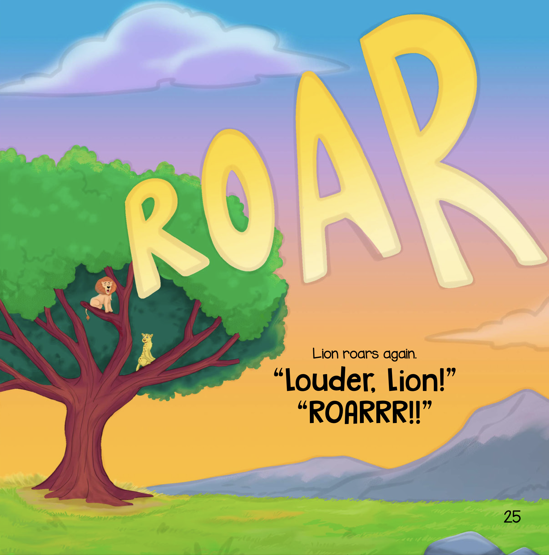 An illustrated scene with a large green tree at sunset, with a lion roaring and two young animals, a lion and a lion cub, sitting on the branches. The word 'ROAR' in big yellow letters spans the sky, with a background of mountains and clouds.