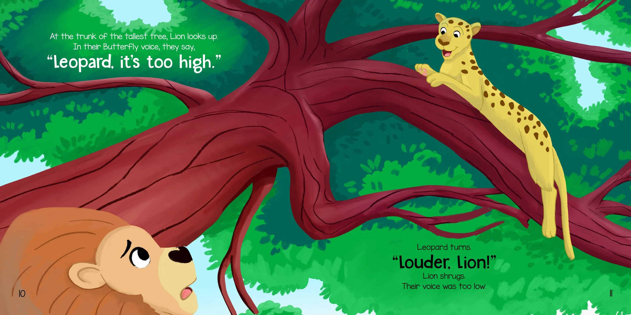 Lion and Leopard are climbing a tree but it's too high in a children's book about self advocating