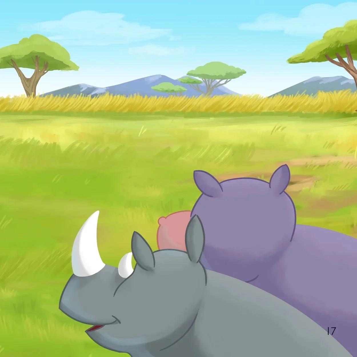 Rhino and Hippo look on at their friends. Hippo is overwhelmed by all of the action.