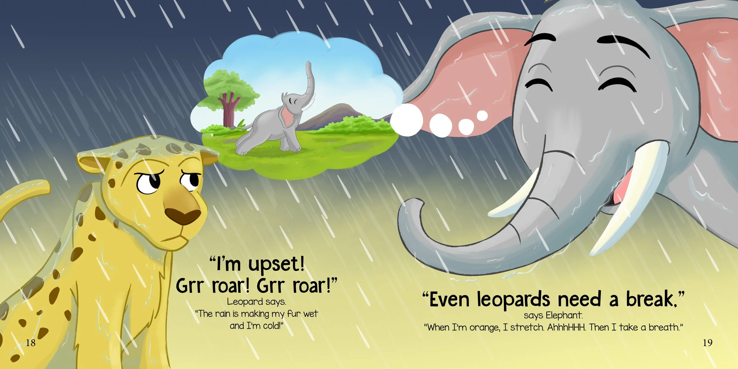 Elephants teaches Leopard break options in a children's book about taking breaks