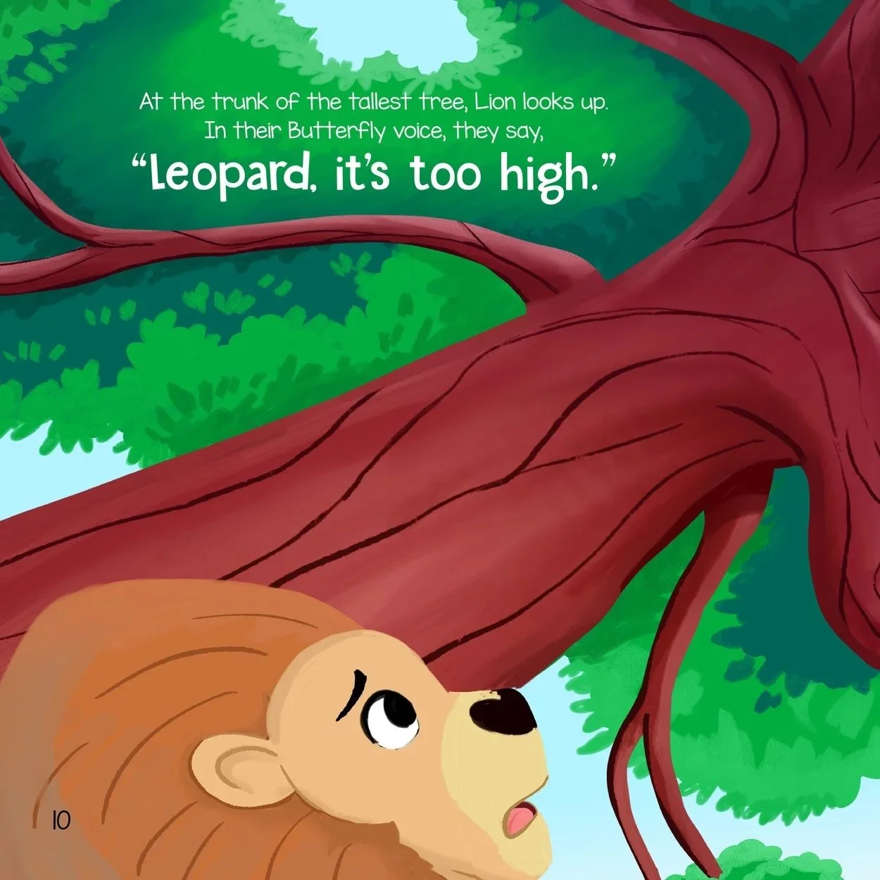 Lion stands nervously at the bottom of the tree - looking up at Leopard who is high up in the tree top.