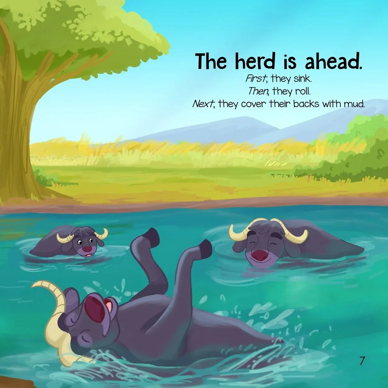 The herd uses simple steps to take a mud bath using the First, Then, Next sequence