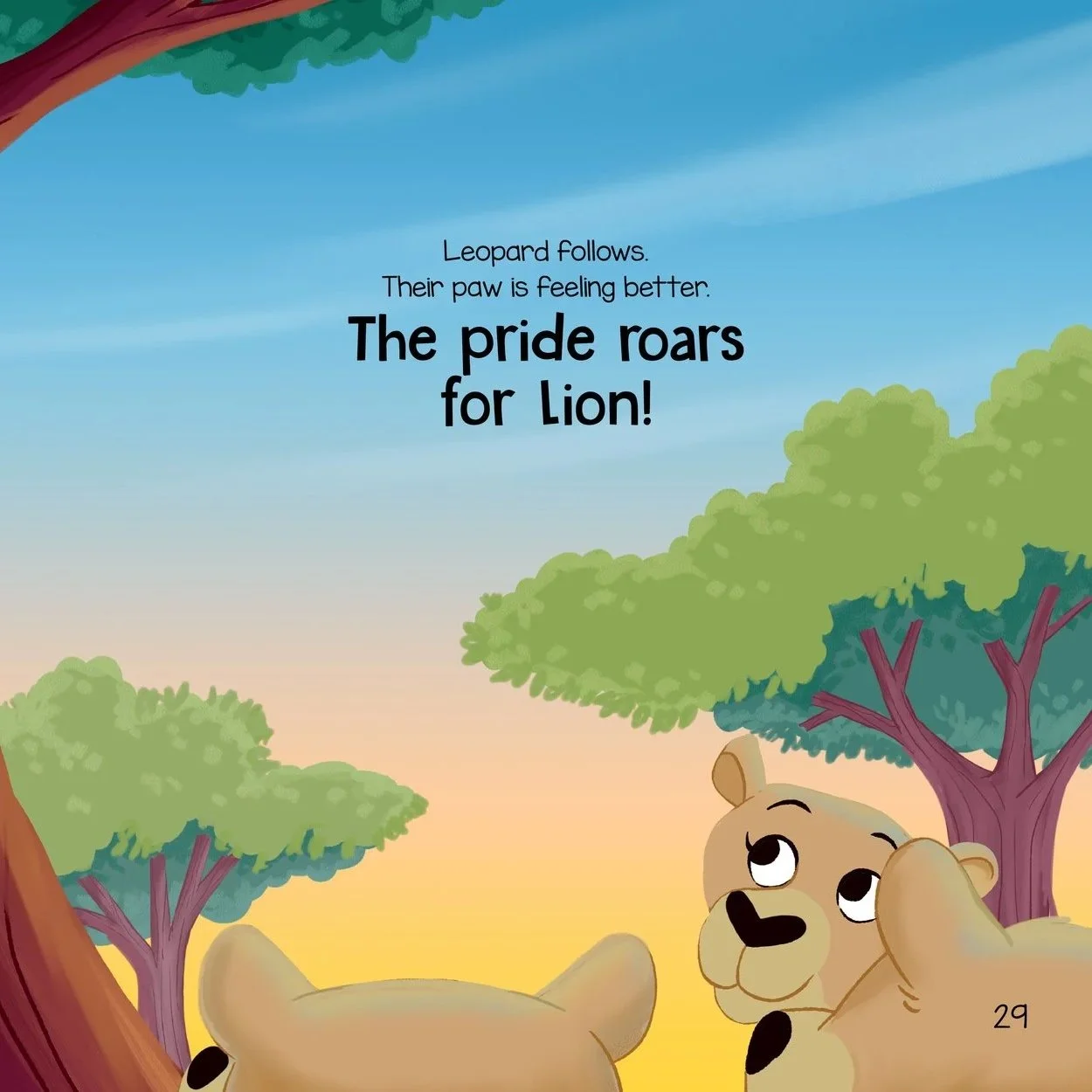 The pride roars for Lion as they safely make it down the tall tree.