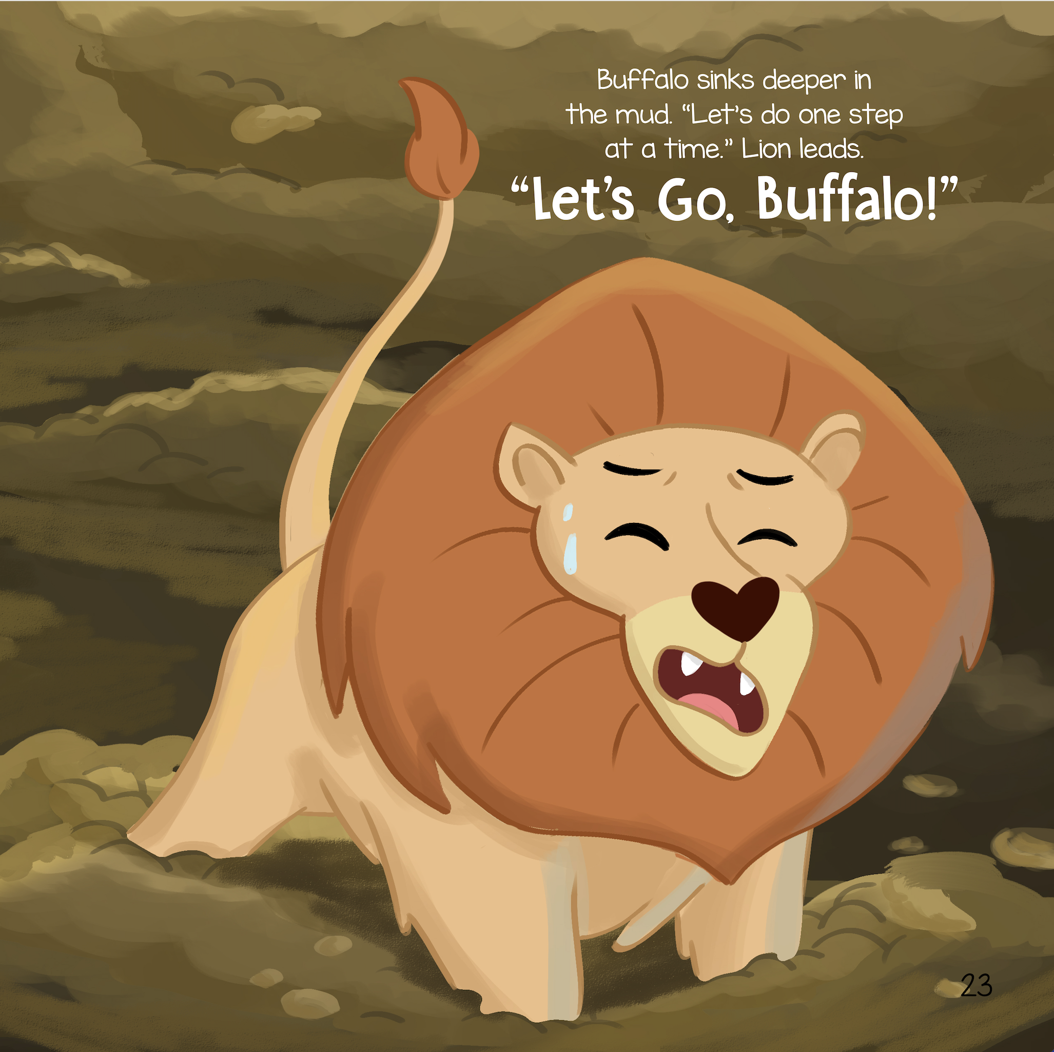 Lion is also stuck in the mud in a story about problem solving