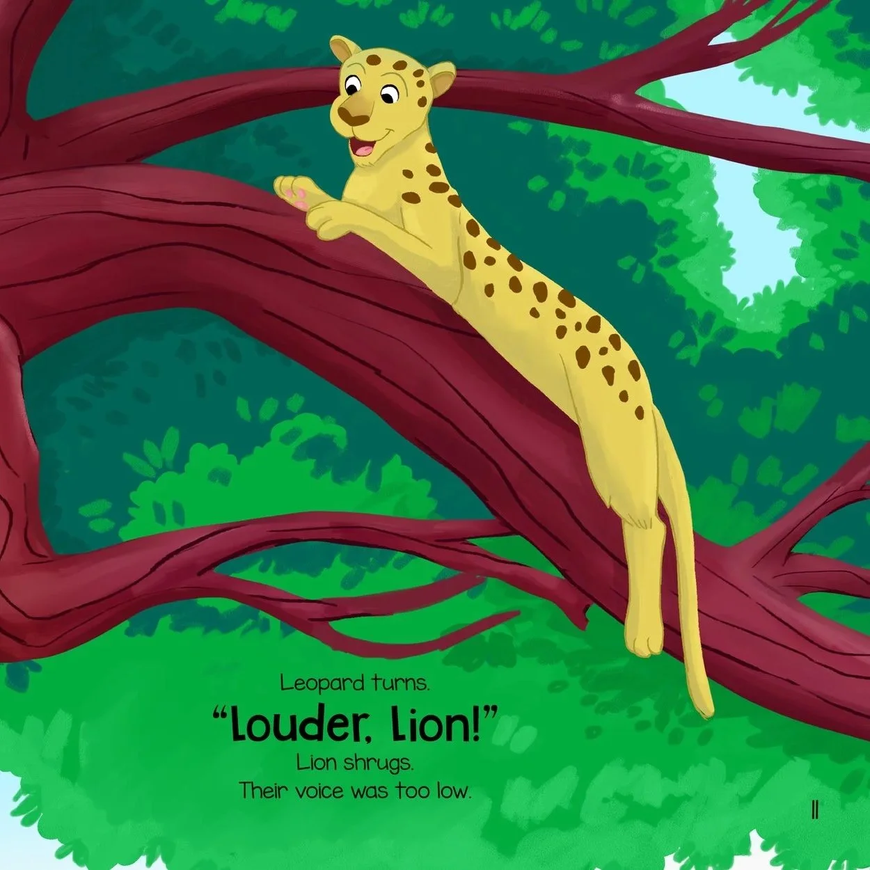 Leopard explains to Lion their voice is too low - and encourages Lion to speak up if they want help.