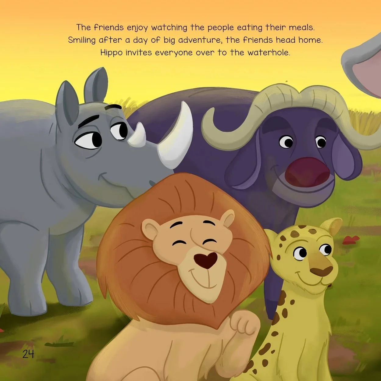 Hippo excitedly shares the day with their friends Elephant, Lion, Leopard, Rhino, and Buffalo