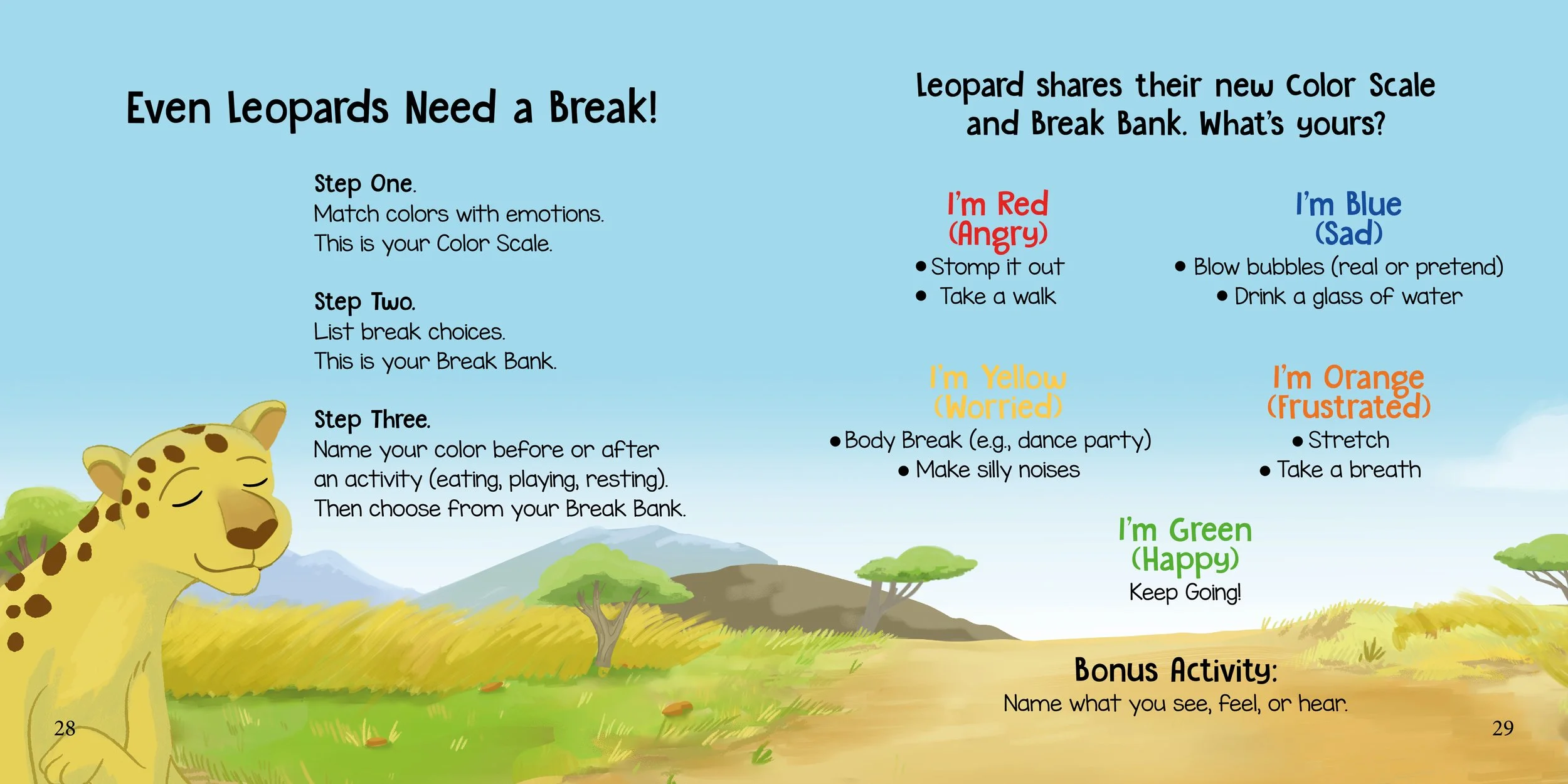 The strategy of first matching colors with emotion to make a color scale. Next identify break choices to create a break bank. Last name your color before or after an activity and match with a break from your break bank.