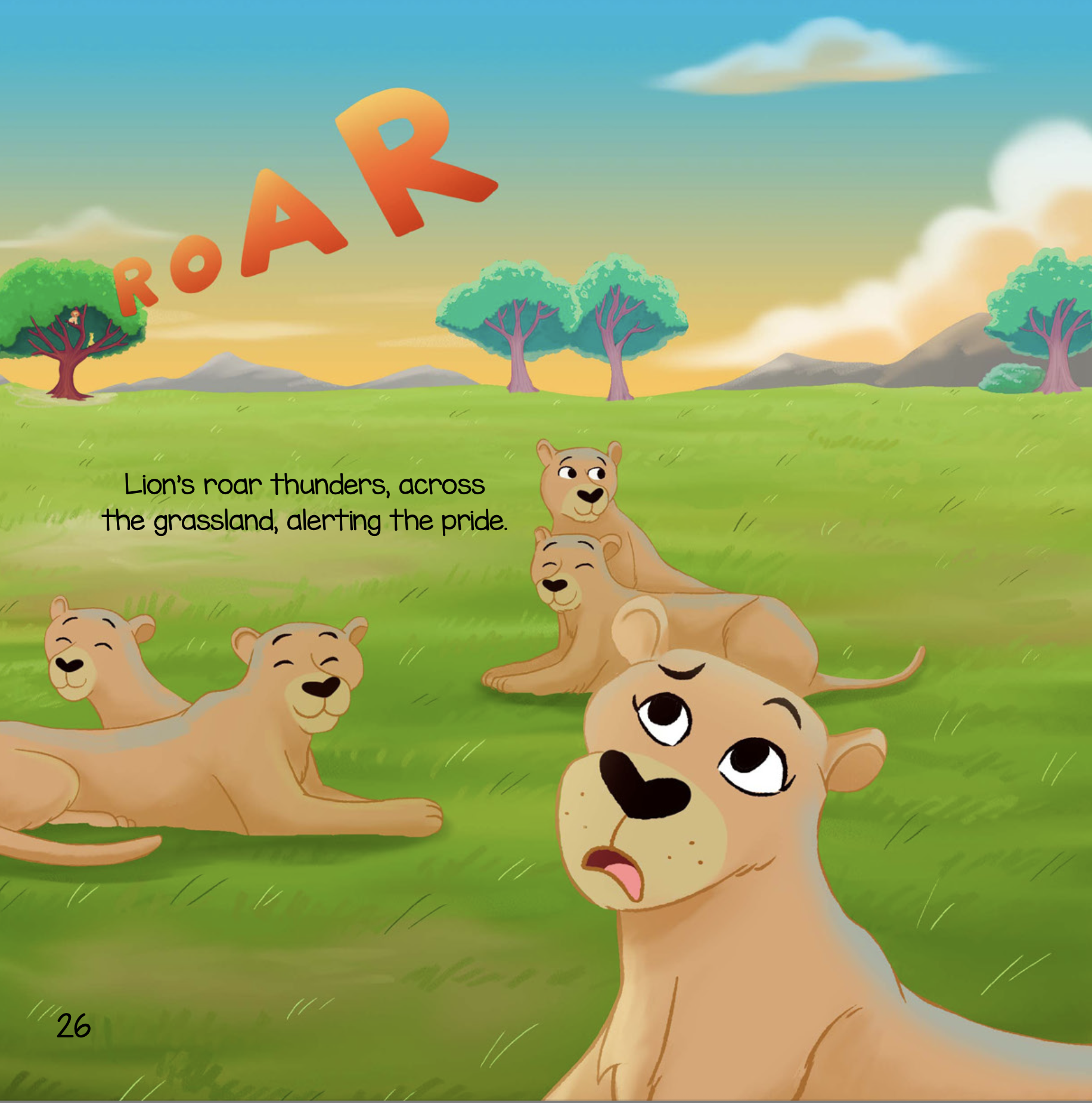 Illustration of a lion pride in a grassy field during sunset with trees in the background. One lioness in the foreground has a surprised expression, while the other lionesses are resting or standing. The word 'ROAR' appears in the sky, and a caption