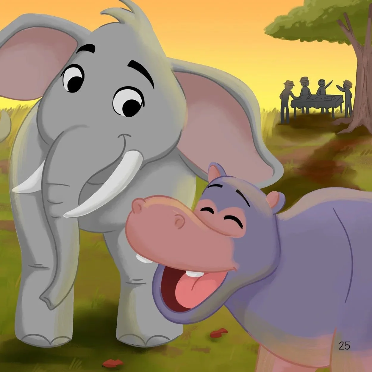 Hippo excitedly shares the day with their friends Elephant, Lion, Leopard, Rhino, and Buffalo