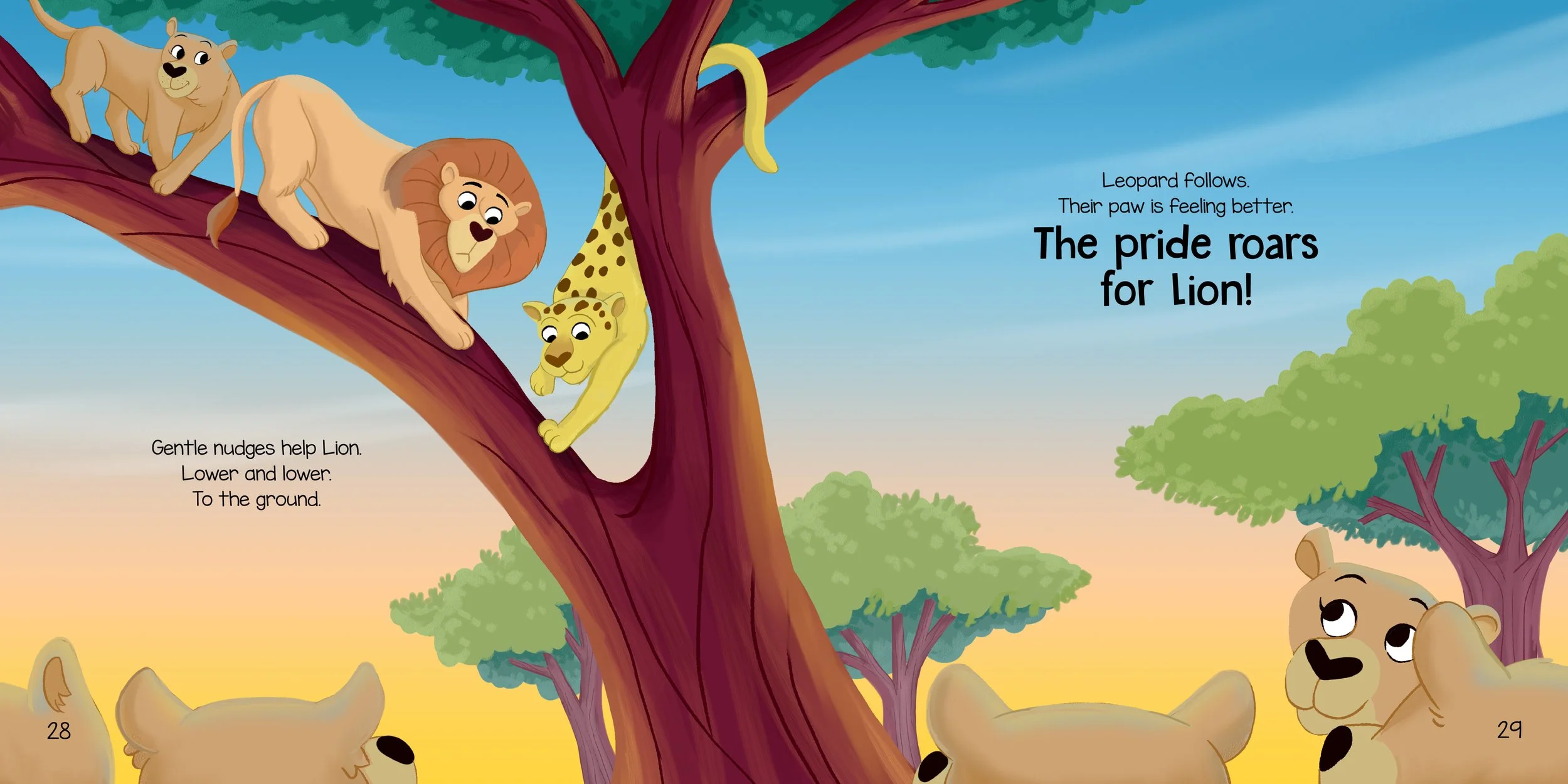 Lion uses their voice to call for help and safety climbs down the tree in a children's book about self-advocating 
