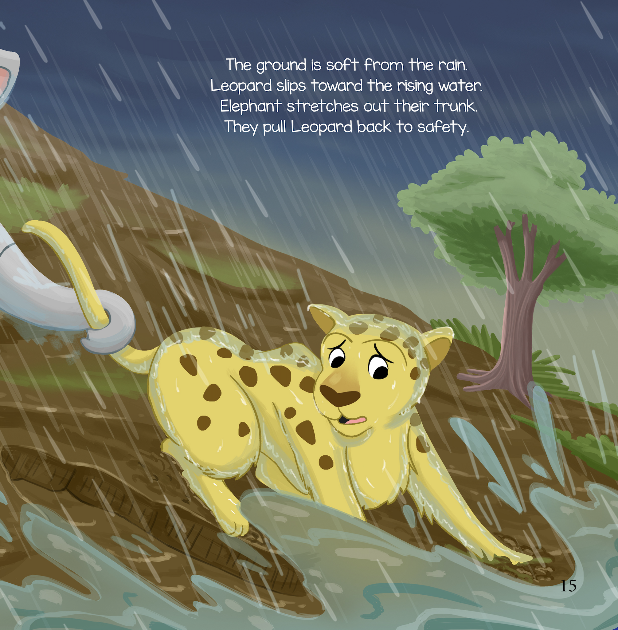 Elephant saves Leopard after they nearly fall in the water in this children's book about taking breaks
