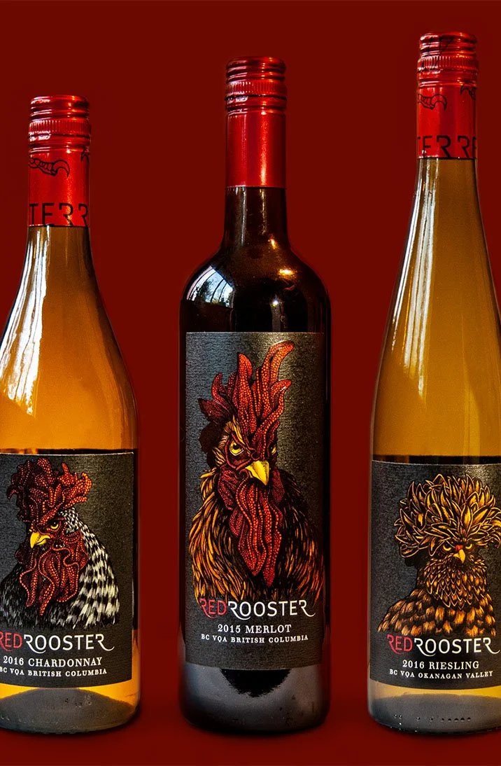 Three wine labels of illustrated roosters for a British Columbia winery.