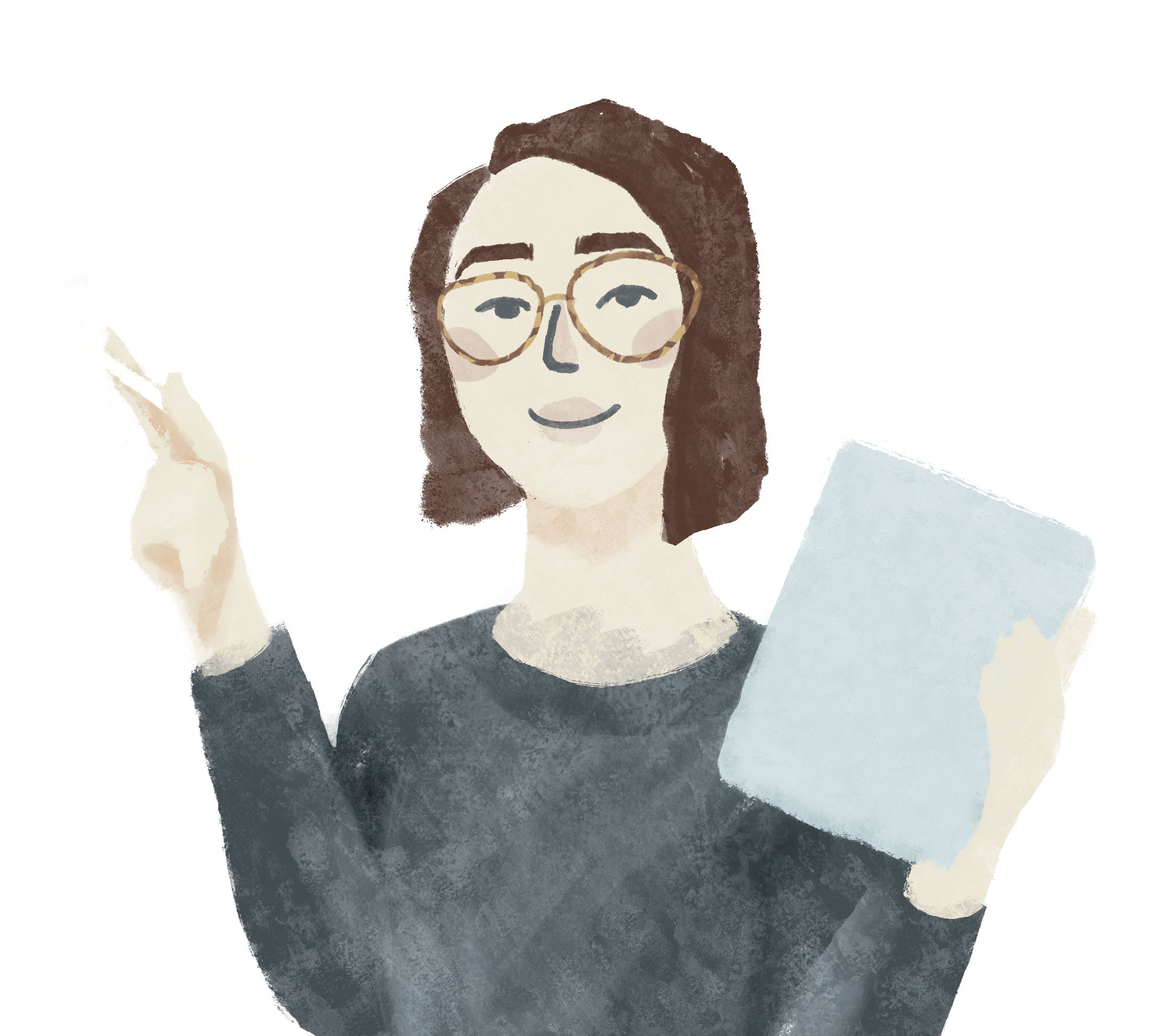 An illustration of Tina Furesz holding an Apple Pencil and an iPad waiting to hear about your project!