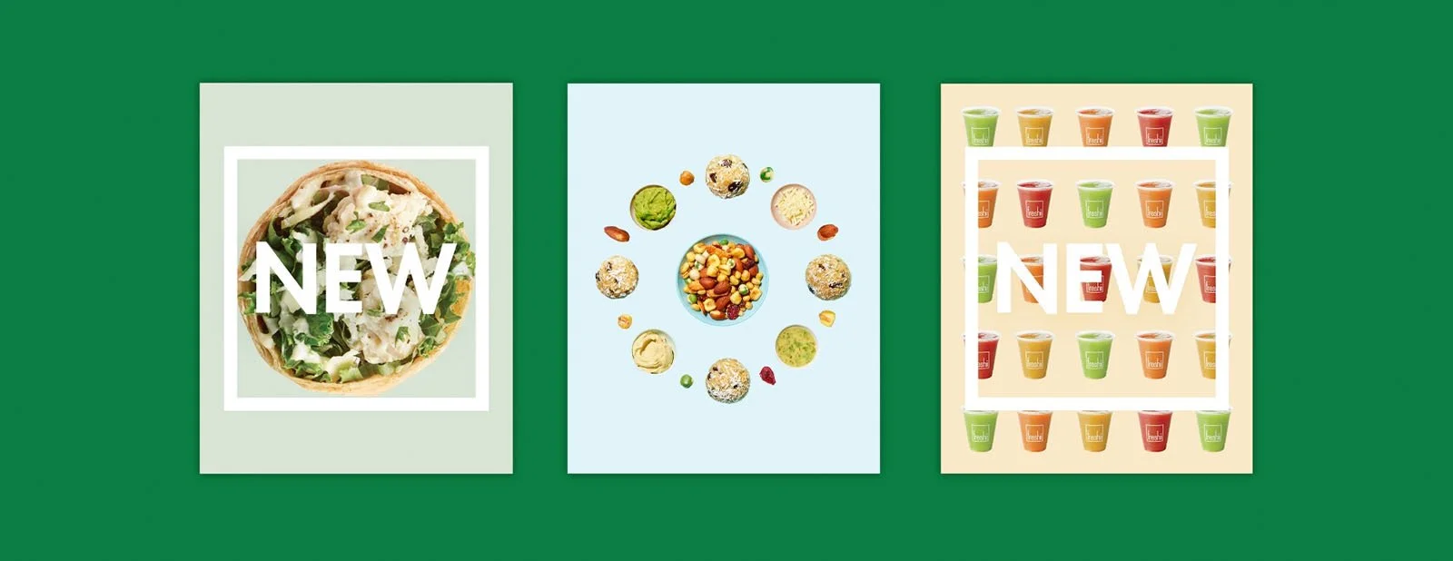 A still image of three motion graphic advertisements for the partnership between Shell and Freshii.