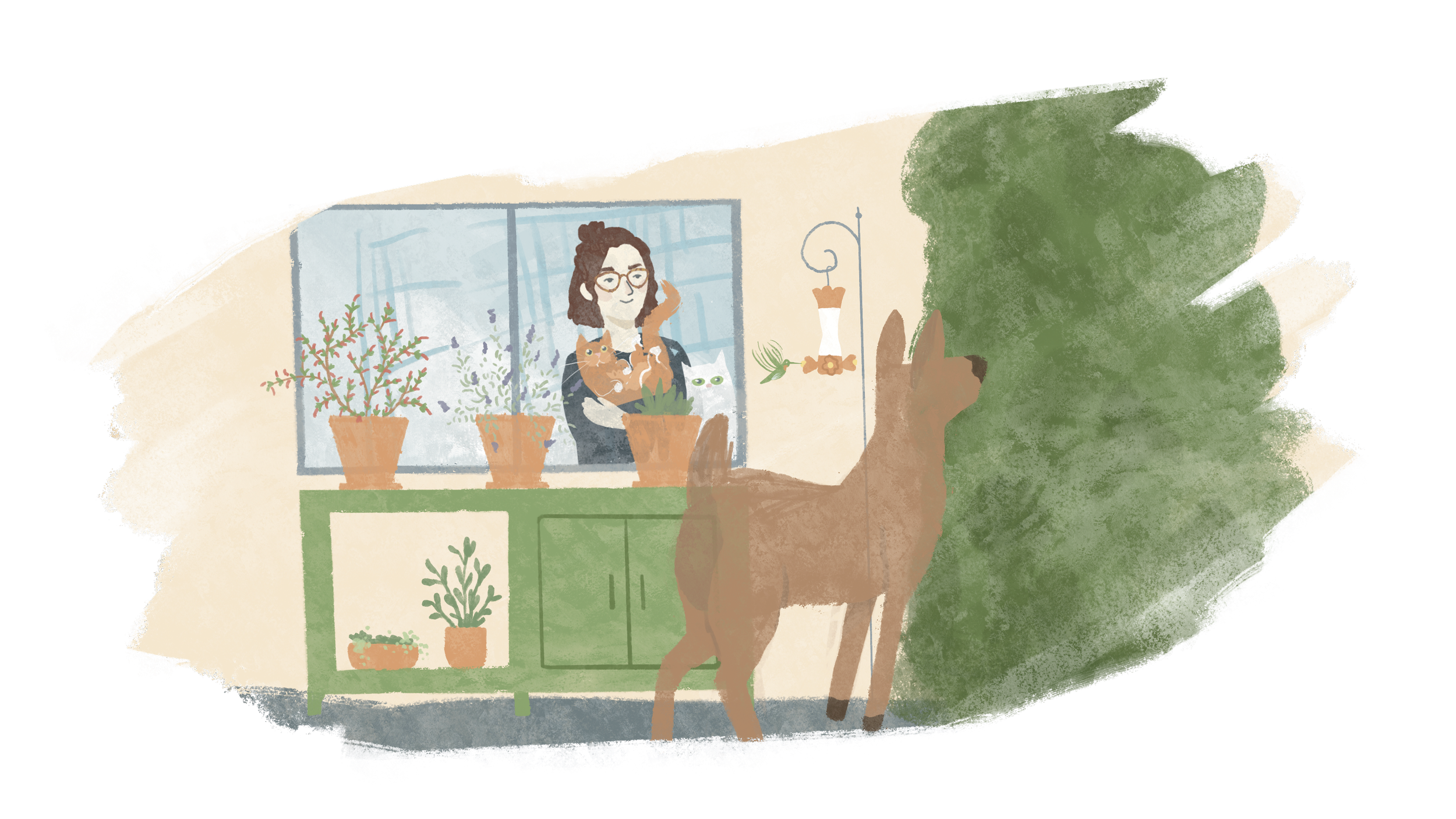 A digital illustration of Tina at her home in Gibsons BC watching a hummingbird and deer through a window with the company of her cats.