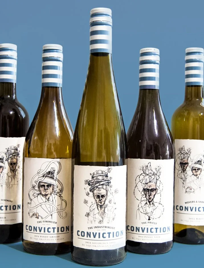 Traditionally illustrated hand drawn wine labels for Okanagen Valley winery Conviction wines.