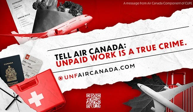 Digital banner advertisement on how Air Canada's unpaid work policy is unfair.