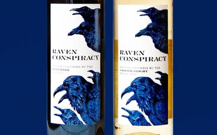 Two wine labels for BC Canada winery Raven Conspiracy with traditionally hand drawn with ink ravens.