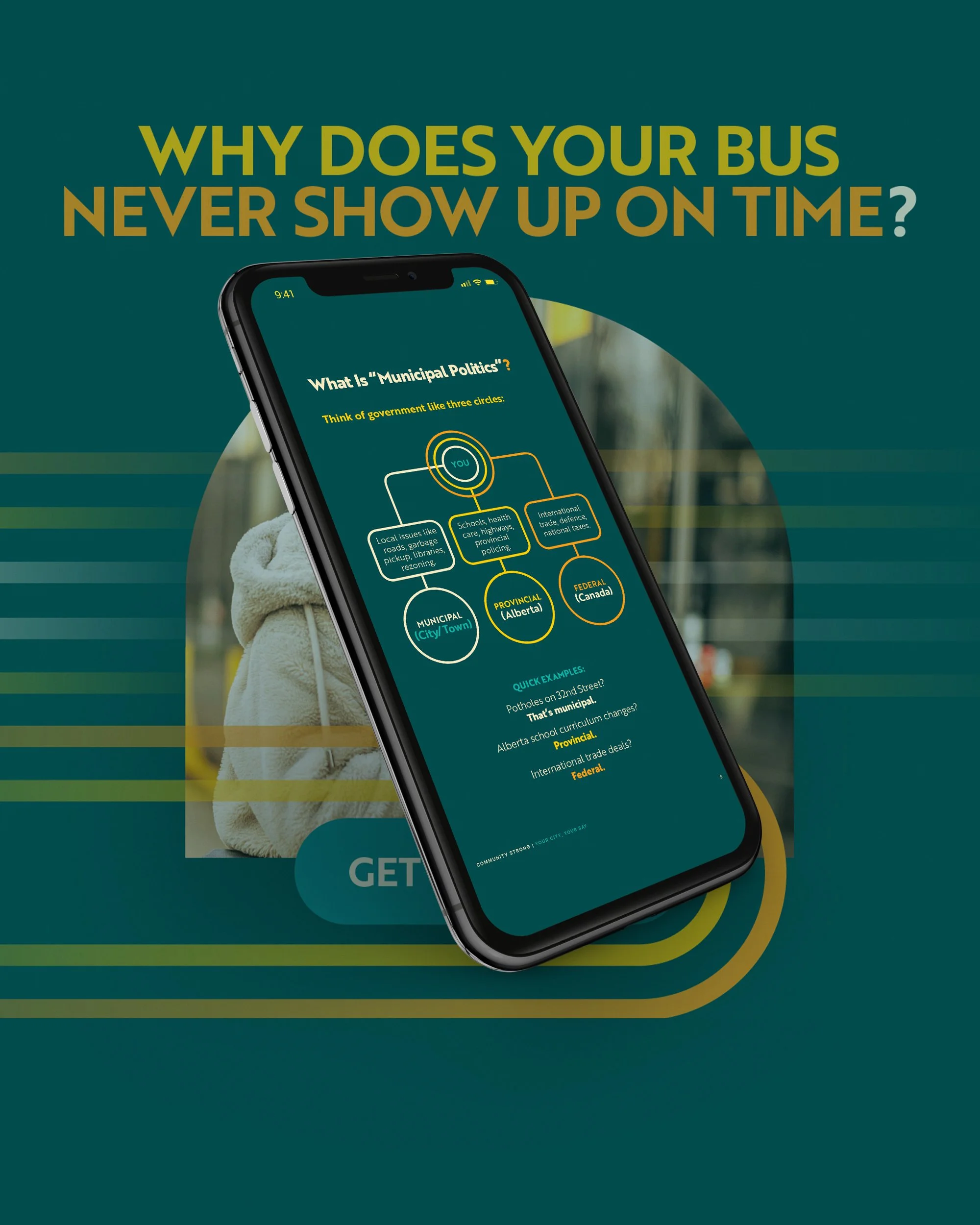 A mockup of the digital brochure I designed to explain the political process overlaid on a social media post to advertise it.