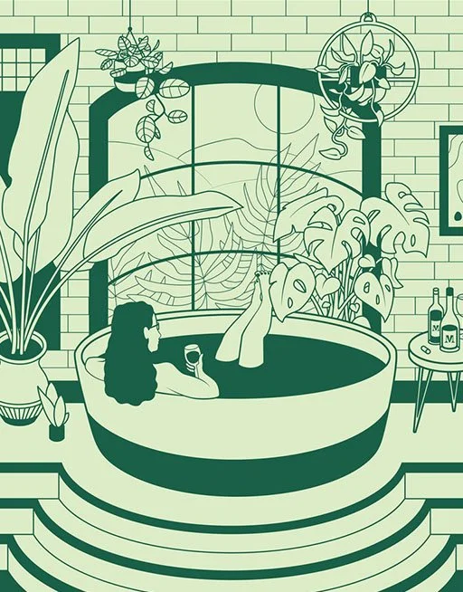 An award-winning digital illustration of a woman in a bath surrounded by plants enjoying a glass of red wine.