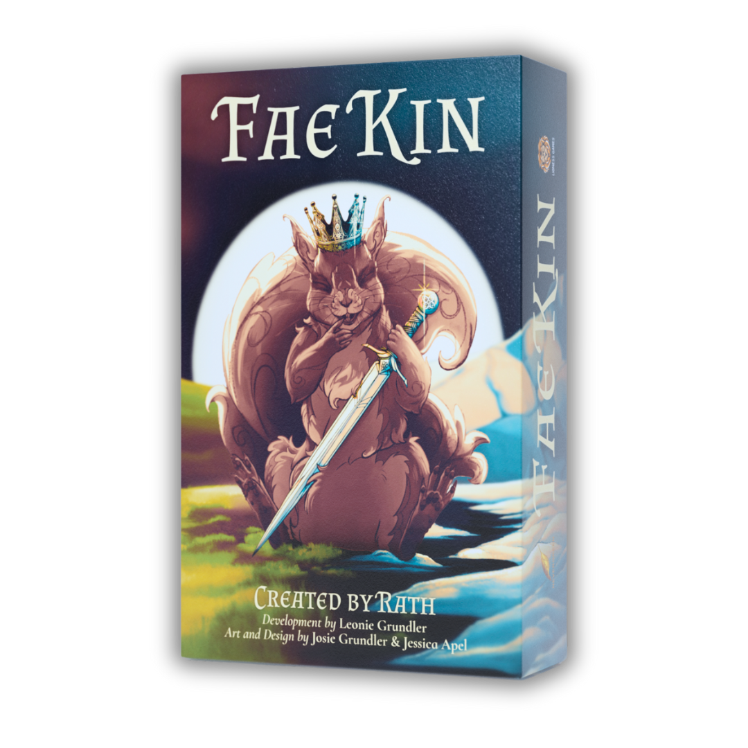 A fantasy-themed board game box titled "Fae Kin" with an illustrated squirrel wearing a crown, holding a dagger, and sitting near a landscape with a river and mountains at night, backlit by a big, glowing moon.