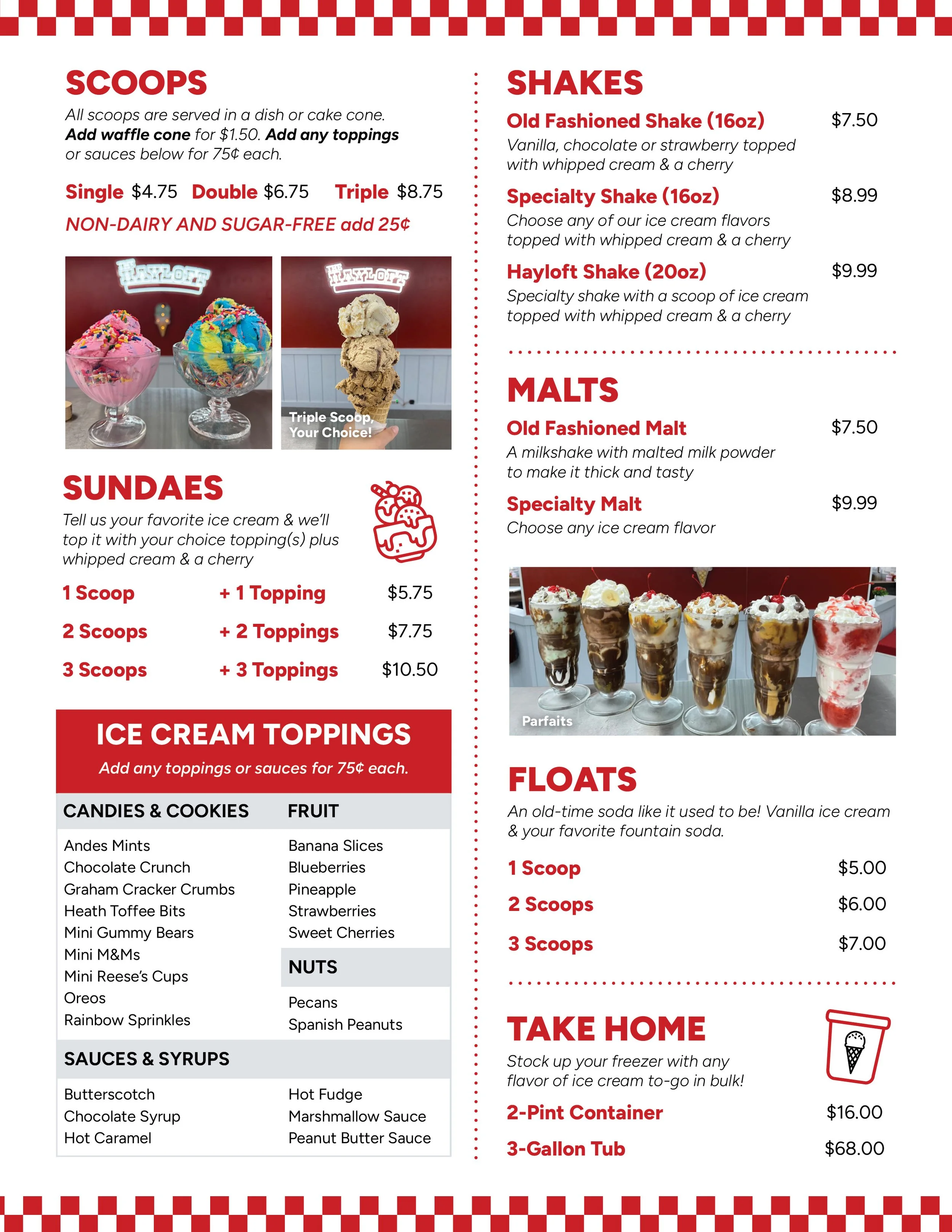 Ice cream shop menu with sections for scoops, sundaes, shakes, malts, floats, and take-home options, featuring colorful ice cream images and various flavors, toppings, and prices.