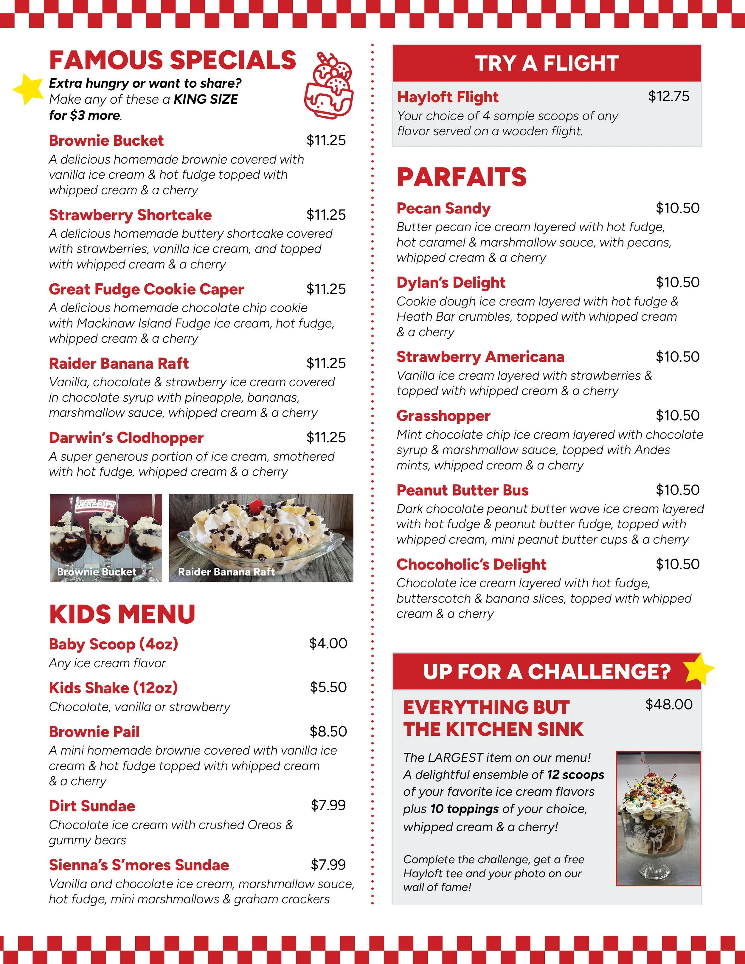 Menu of ice cream flavors including brownies, shortcake, and layered sundaes, with photos of brownie bucket and banana raft desserts.